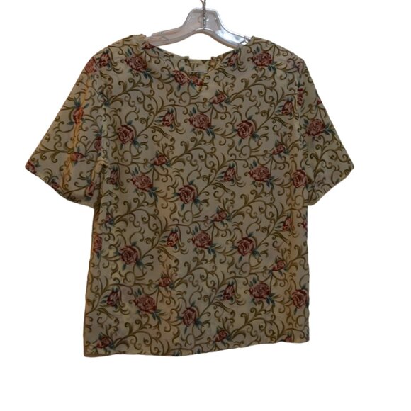 Jacqueline Ferrer (R) Floral Cream Rose Polyester Silky Short Sleeves Blouse M - Picture 1 of 10